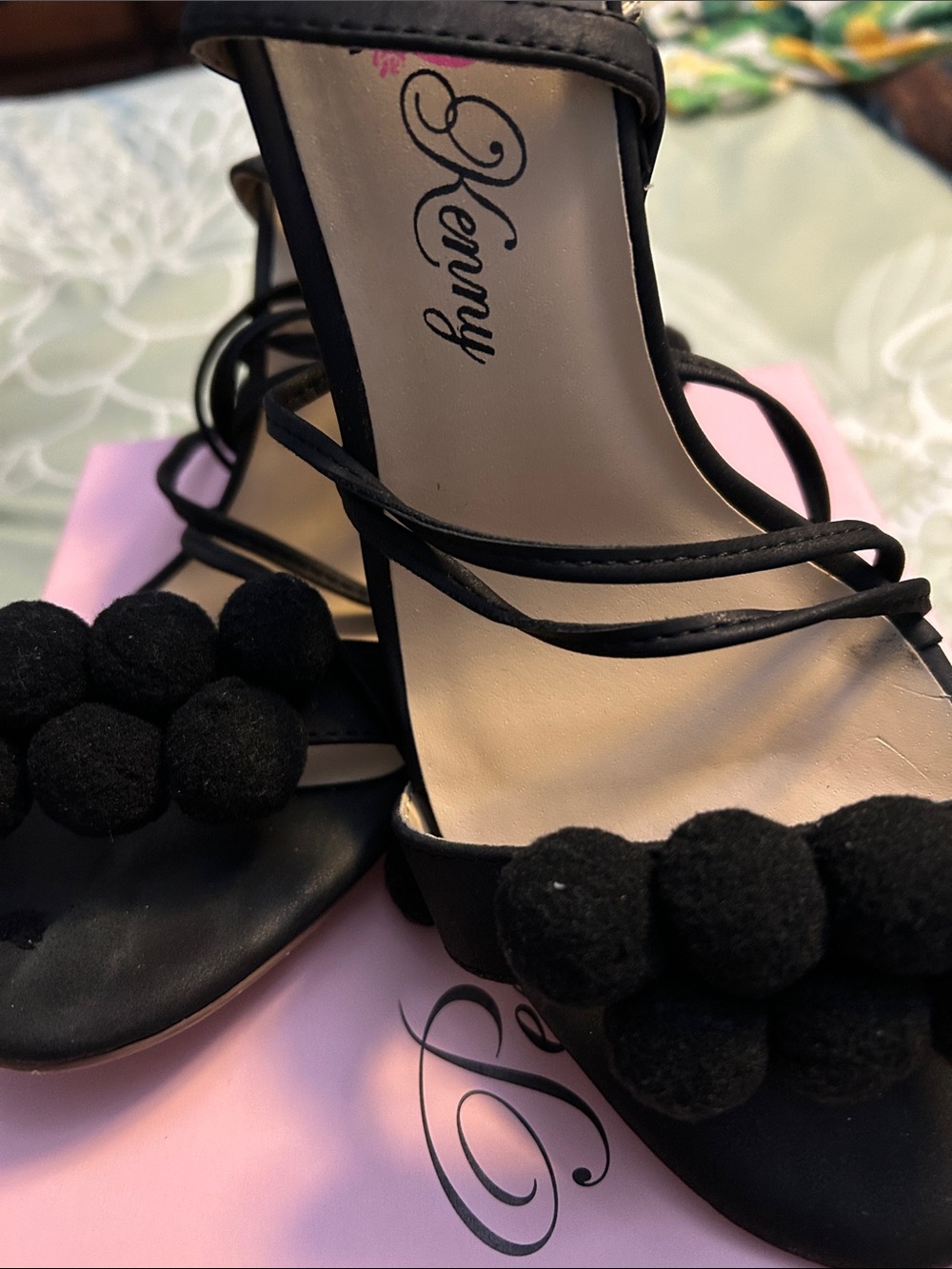 Penny Loves Kenny Black Pom-Pom Strappy Heels